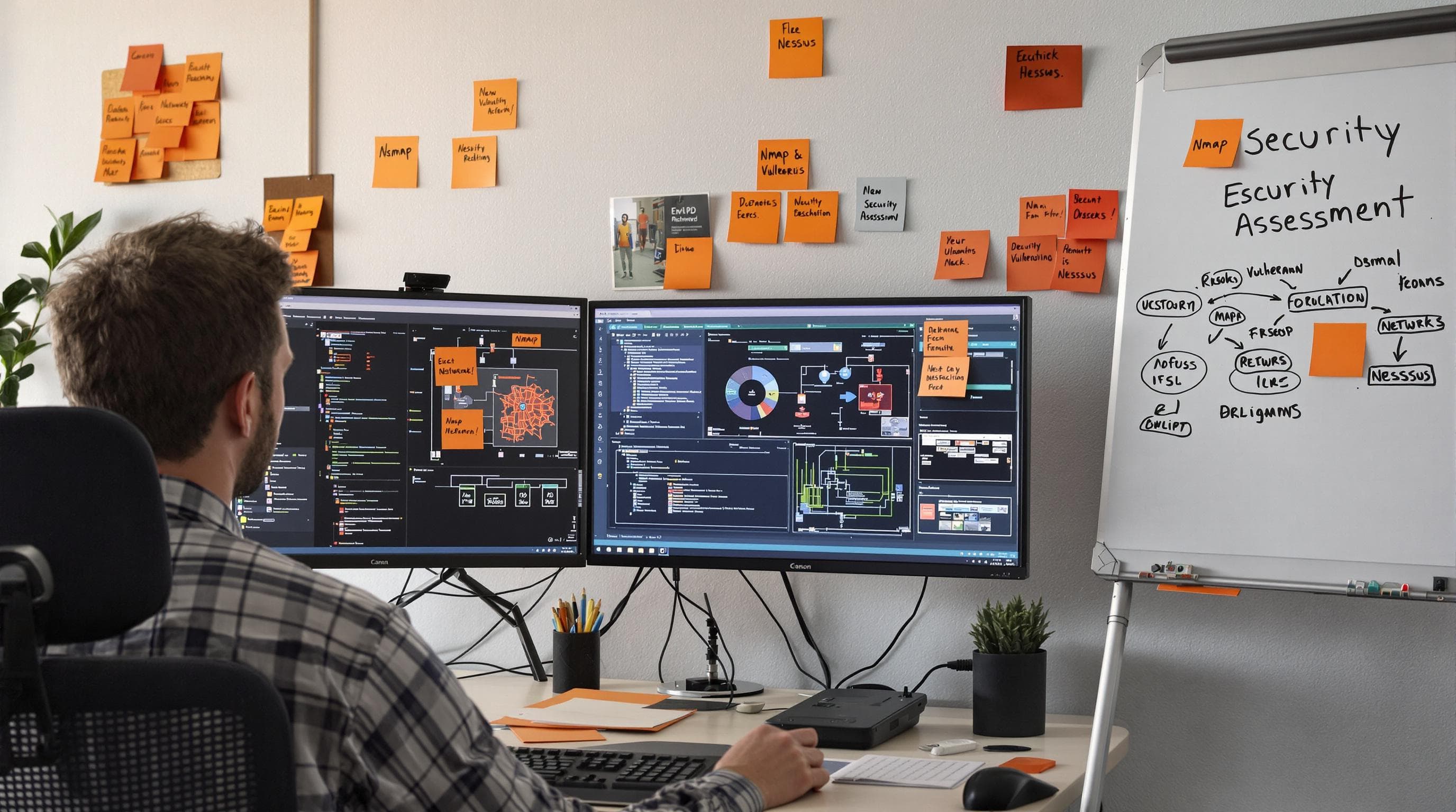 Ethical hacker reviews security scans and vulnerabilities on dual monitor setup
