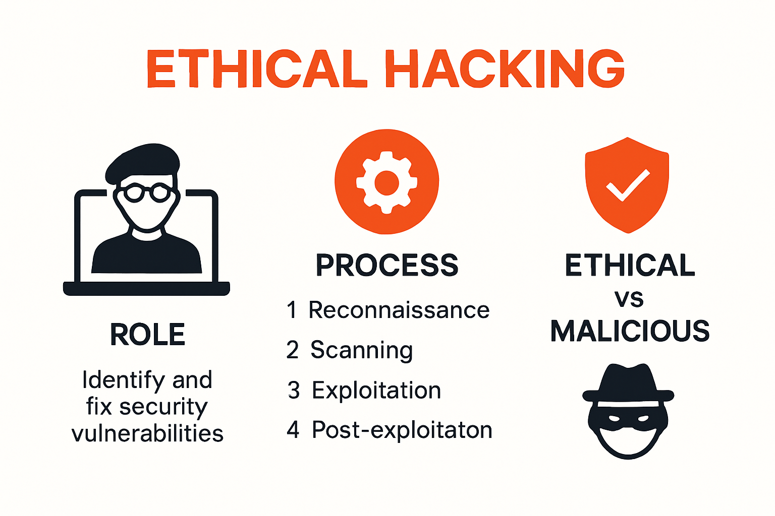 Infographic explaining ethical hacking basics and process steps