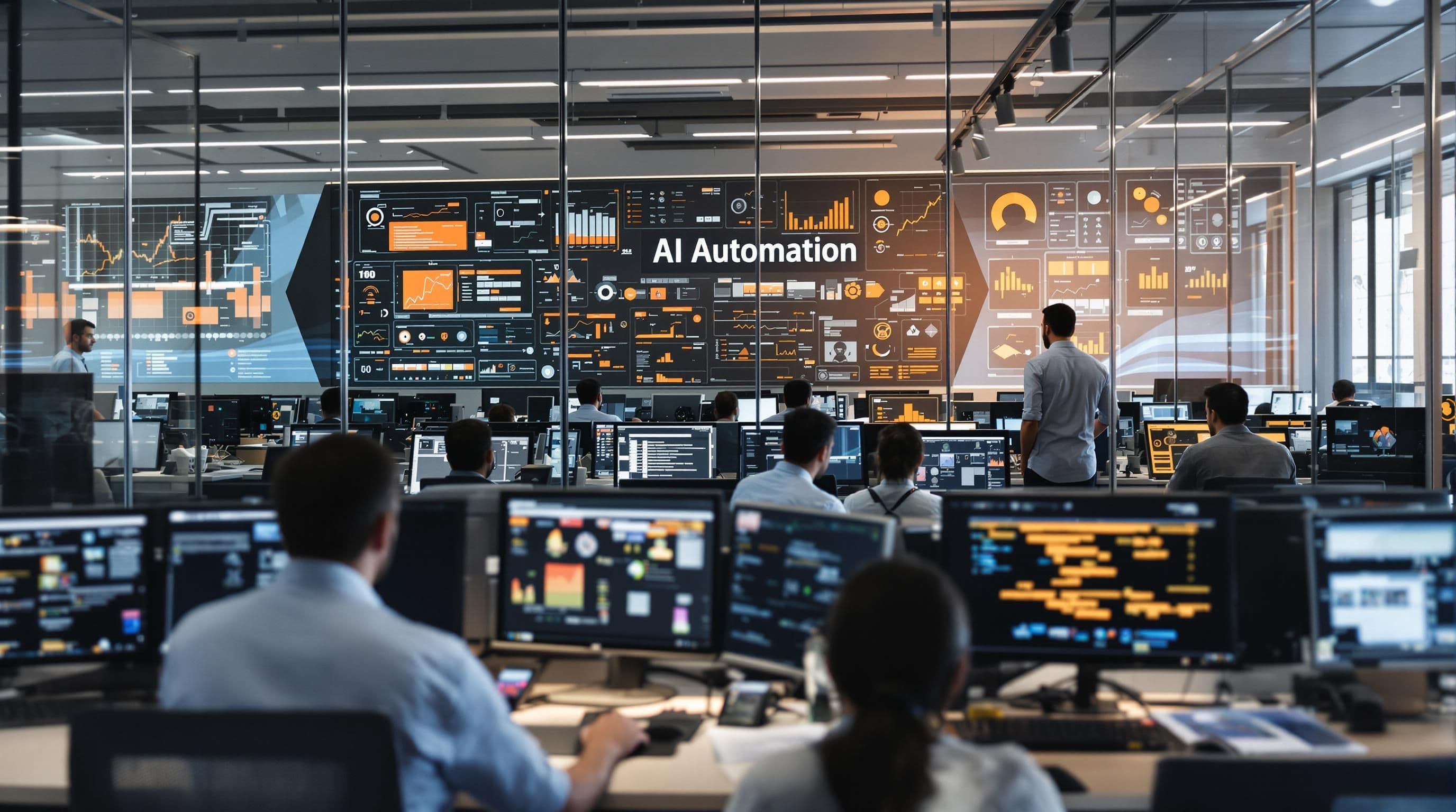 IT staff monitoring AI automation and tech dashboards in control center