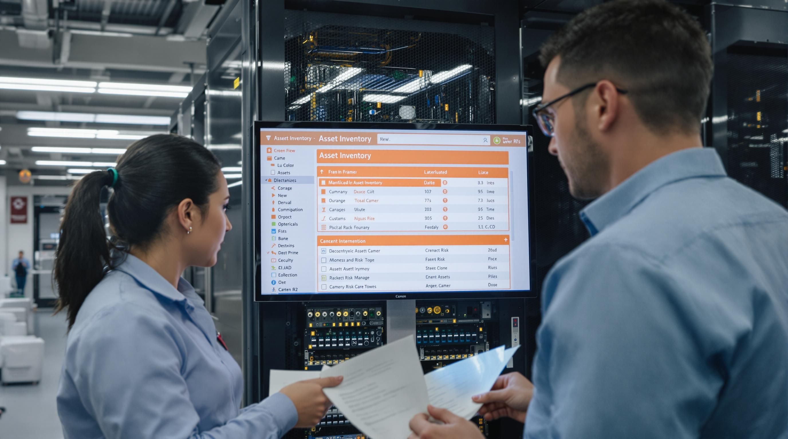IT professionals organize asset inventory in secure server room