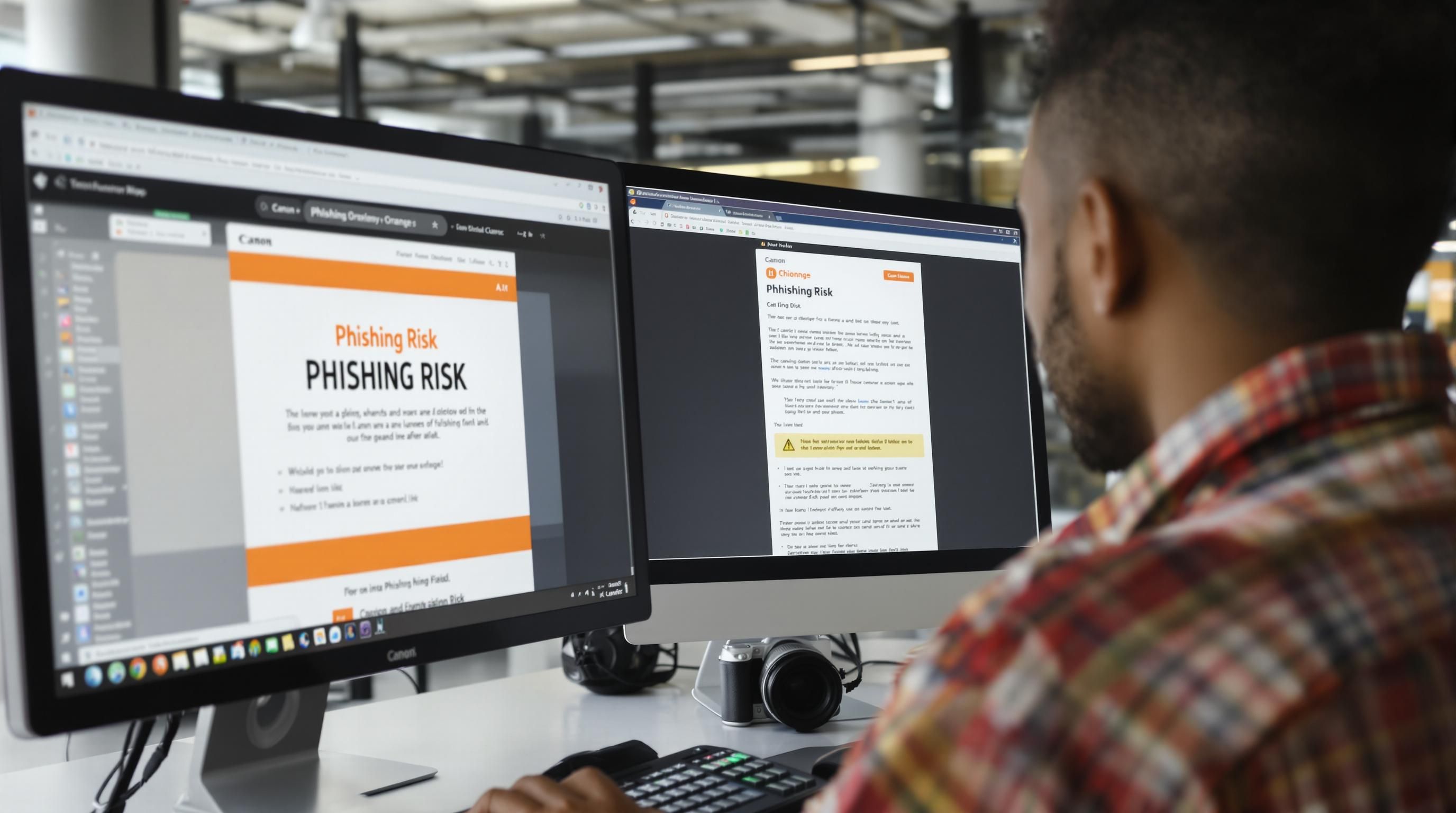 Office worker nearly clicking phishing email with security poster in background