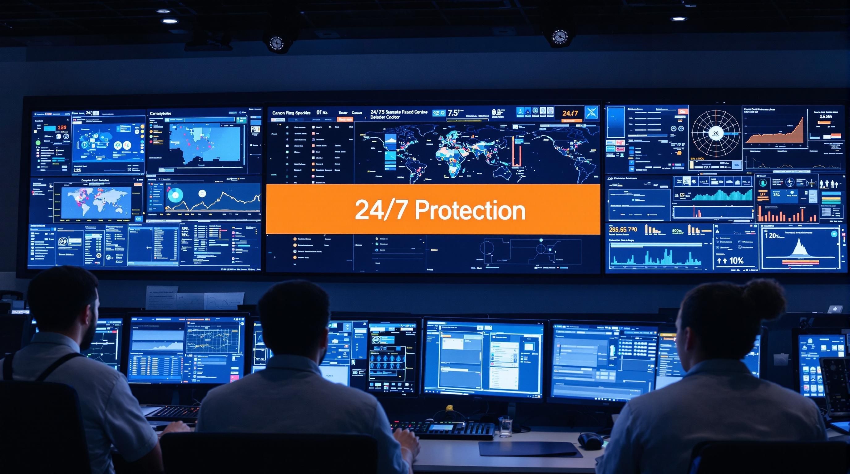 Security team in operations center monitoring real-time alerts with '24/7 Protection' on screen