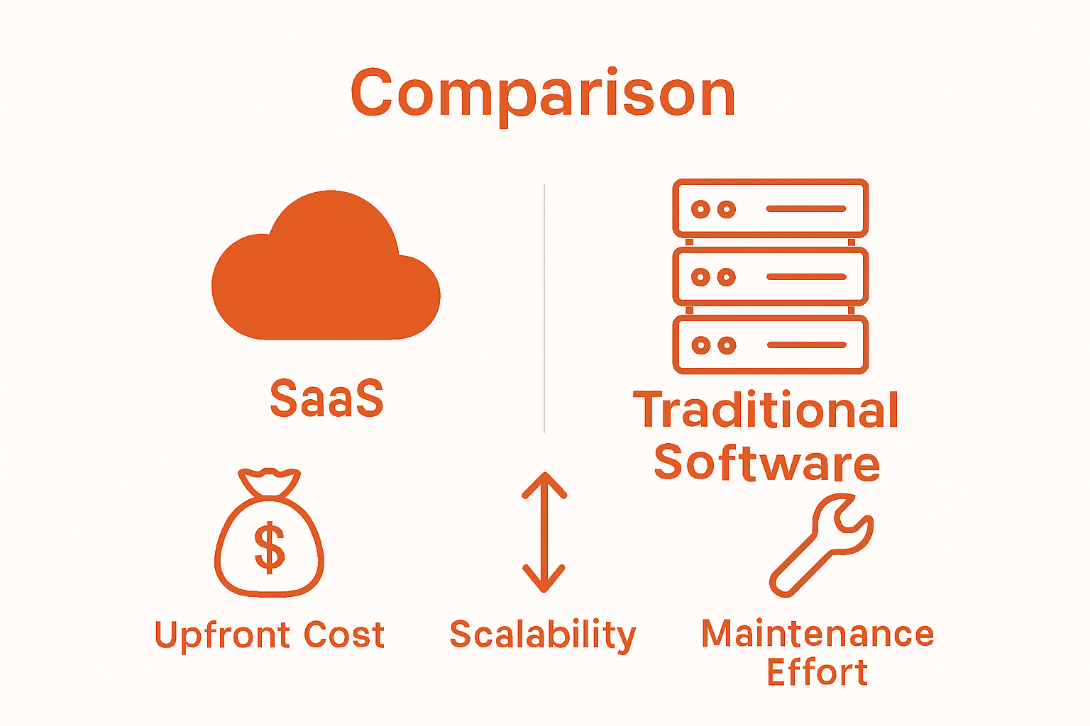 Infographic comparing SaaS and traditional software on cost, scalability, and maintenance