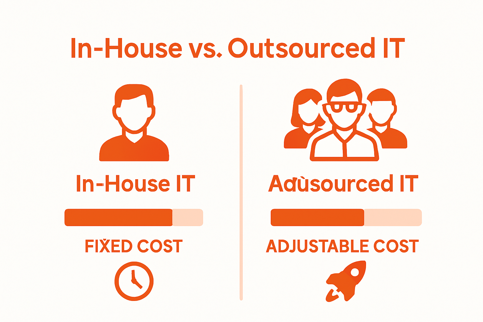 Comparison infographic: in-house IT versus outsourced IT benefits