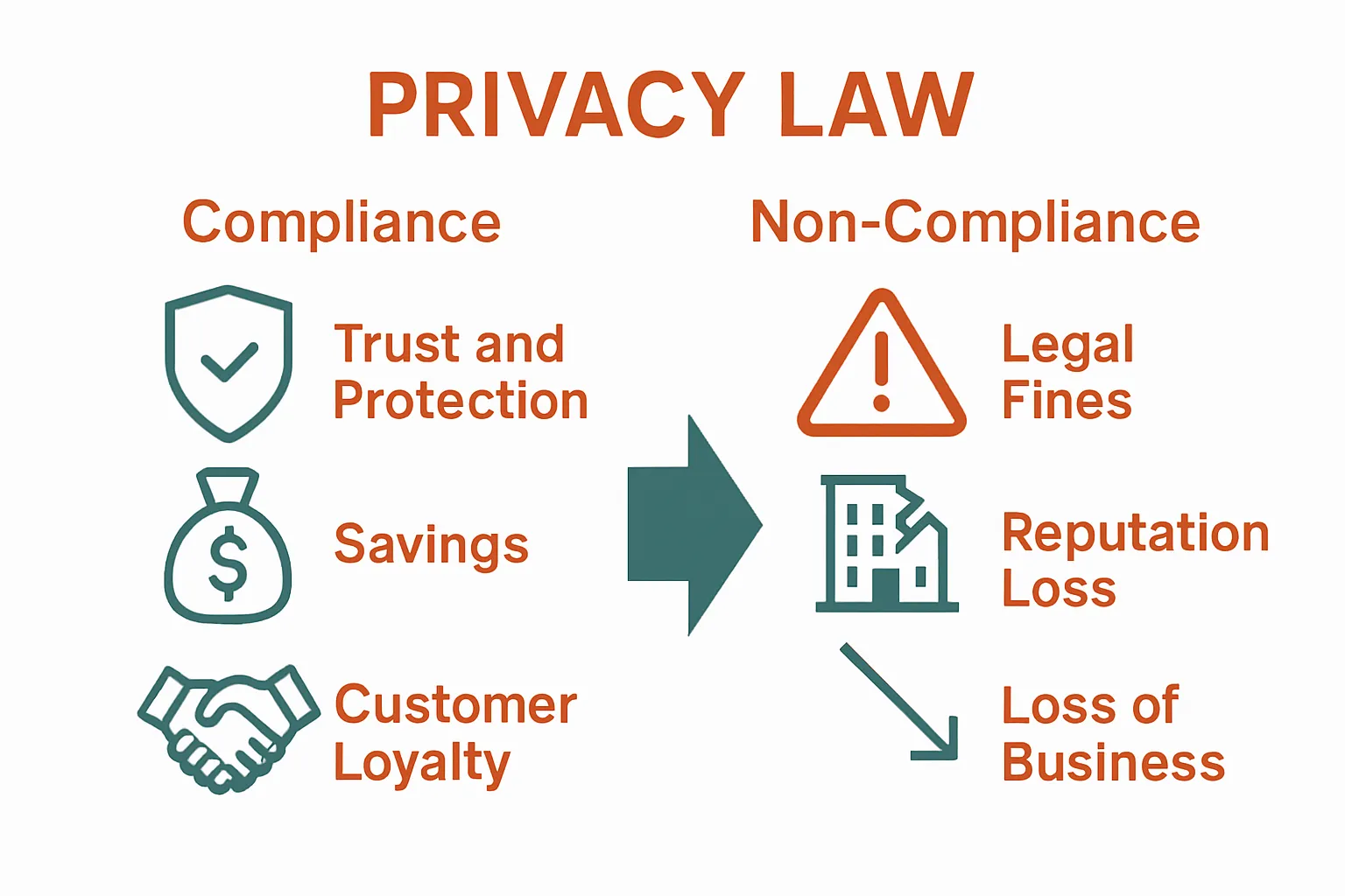 Infographic comparing business outcomes for privacy law compliance versus non-compliance