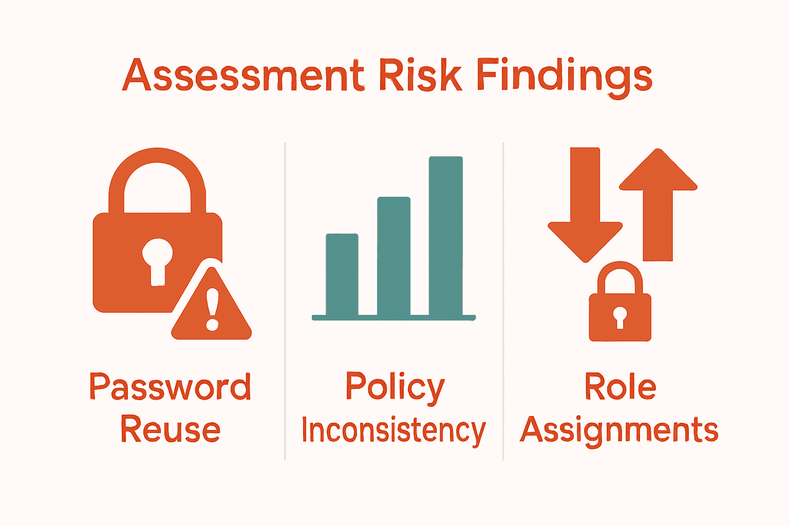 Infographic comparing password risks: reuse, policy inconsistency, role assignment delays.