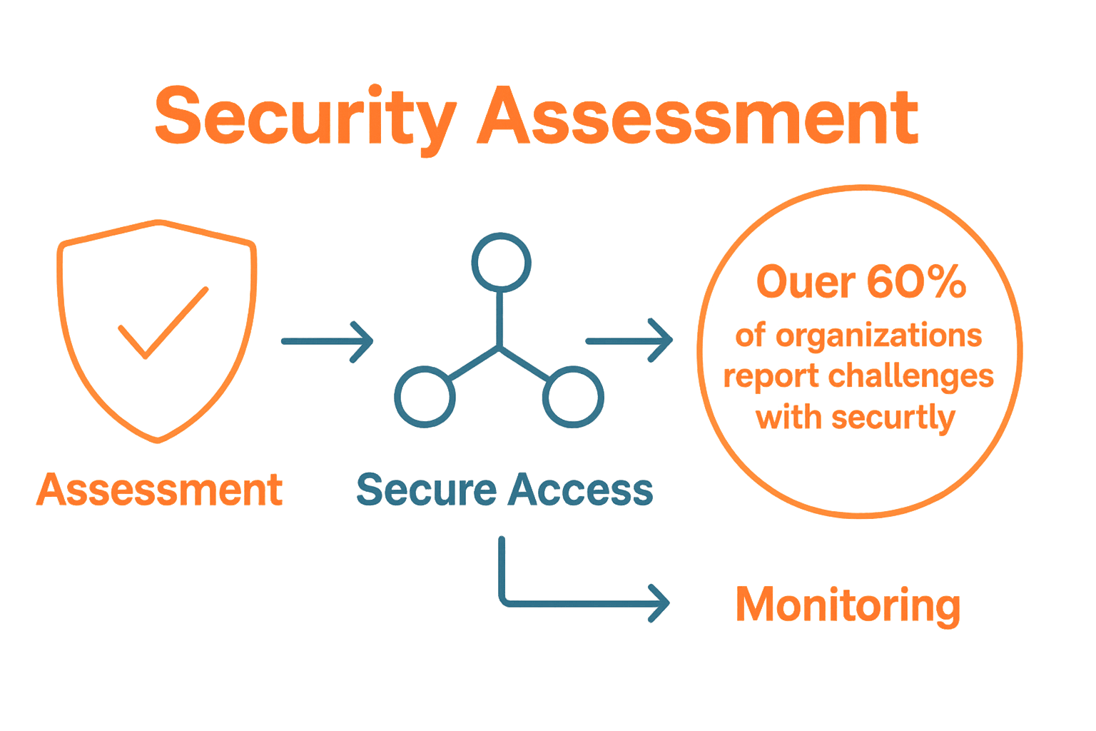Three-step process infographic showing assessment, secure access setup, and monitoring with icons and statistic bubble.