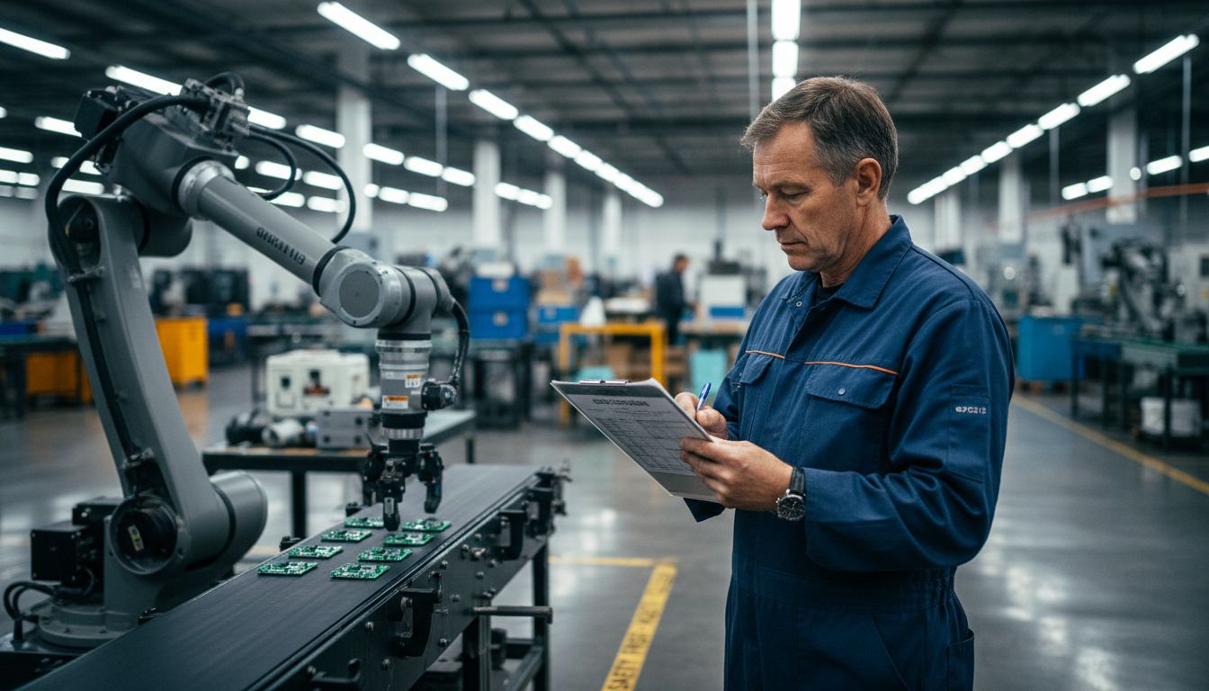 Factory technician monitoring industrial automation