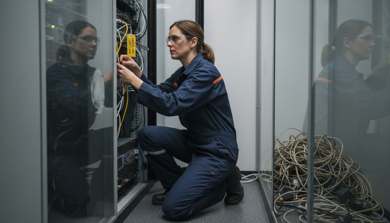 Technician repairs cable in cluttered server room
