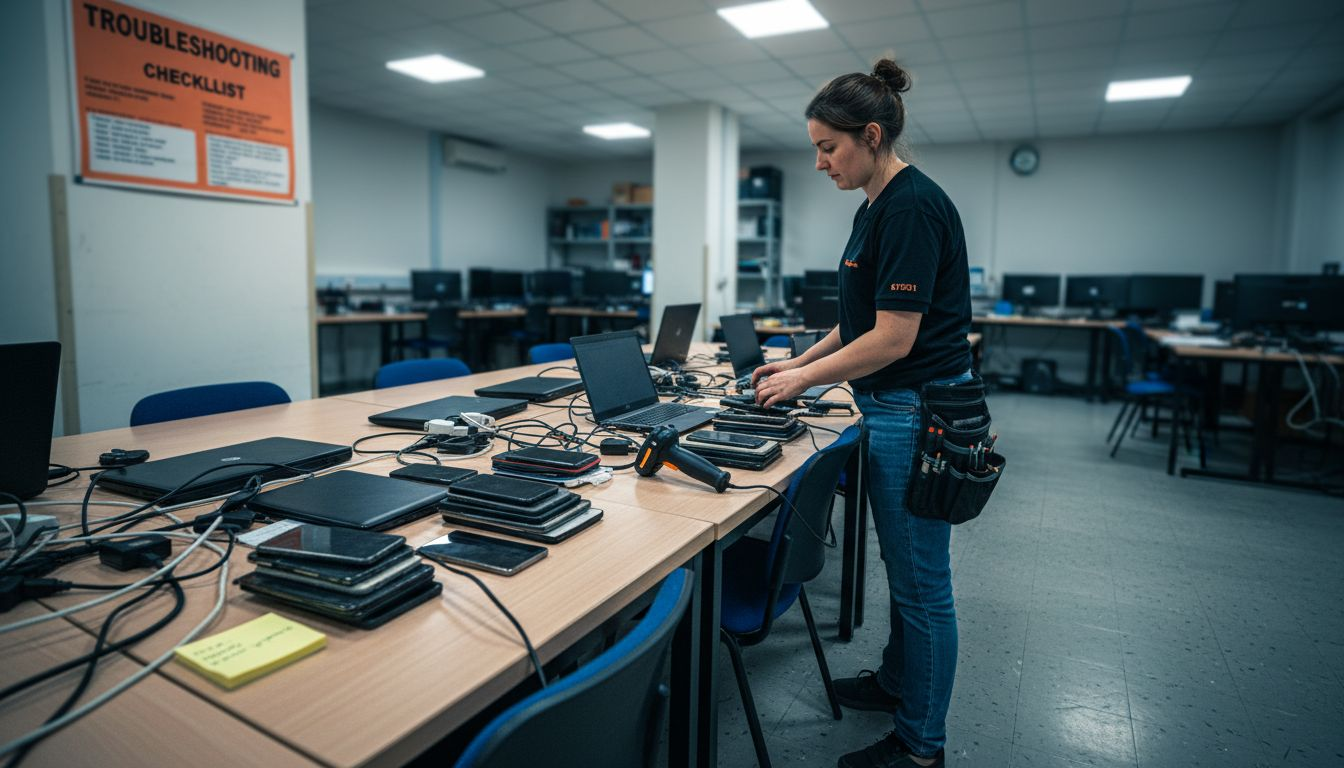 Technician sorting various company devices