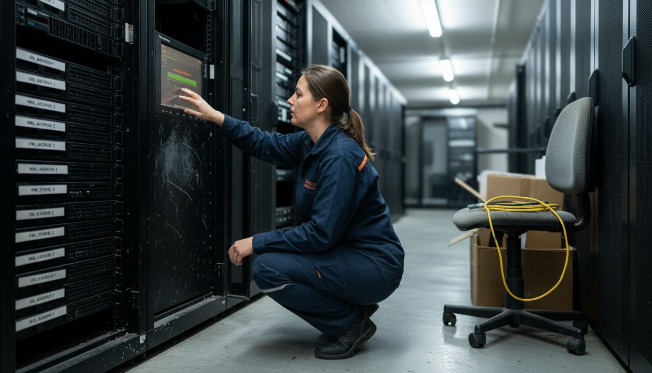 Technician verifying server backup equipment