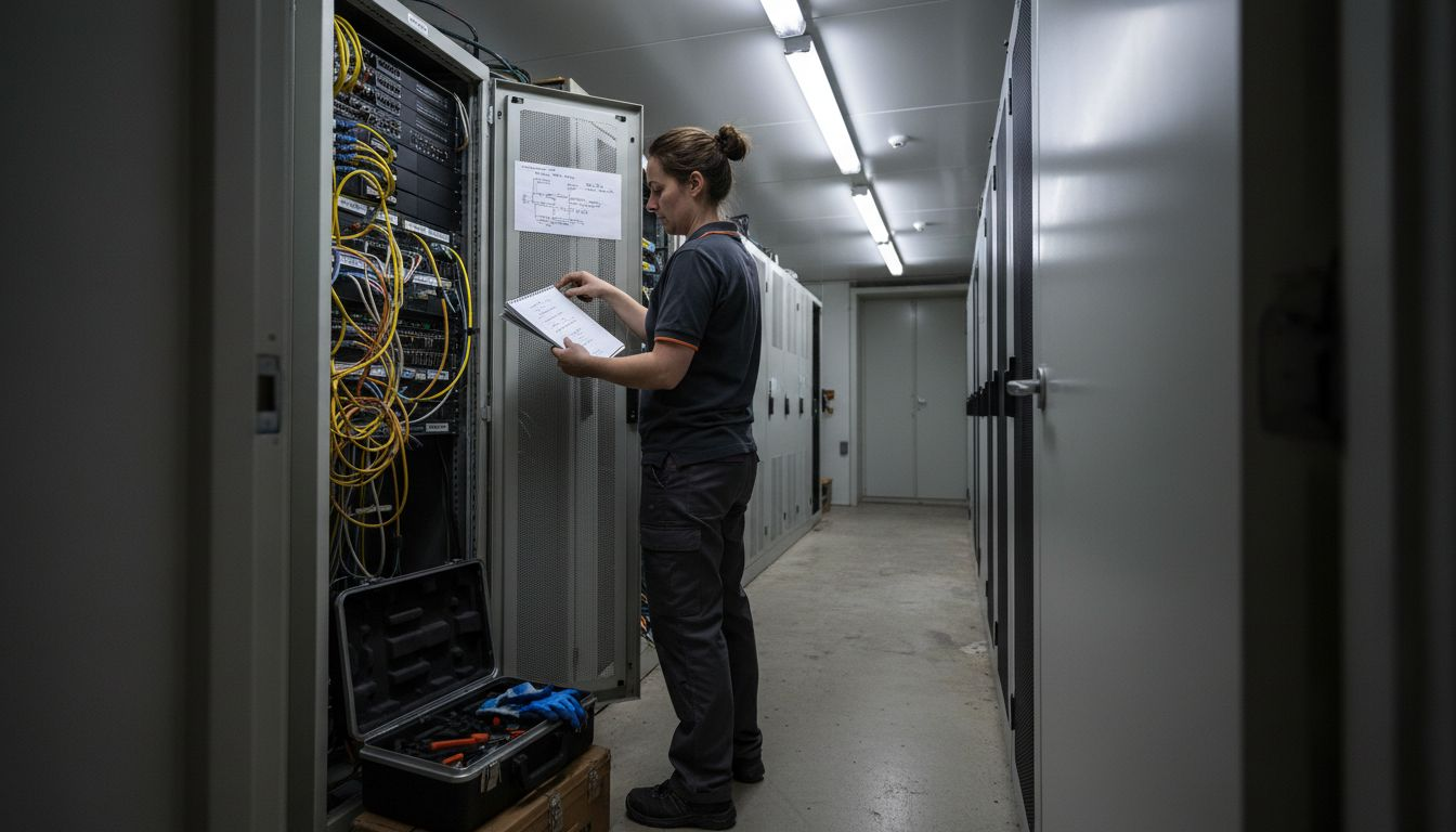 Engineer inspecting server cables for vulnerabilities