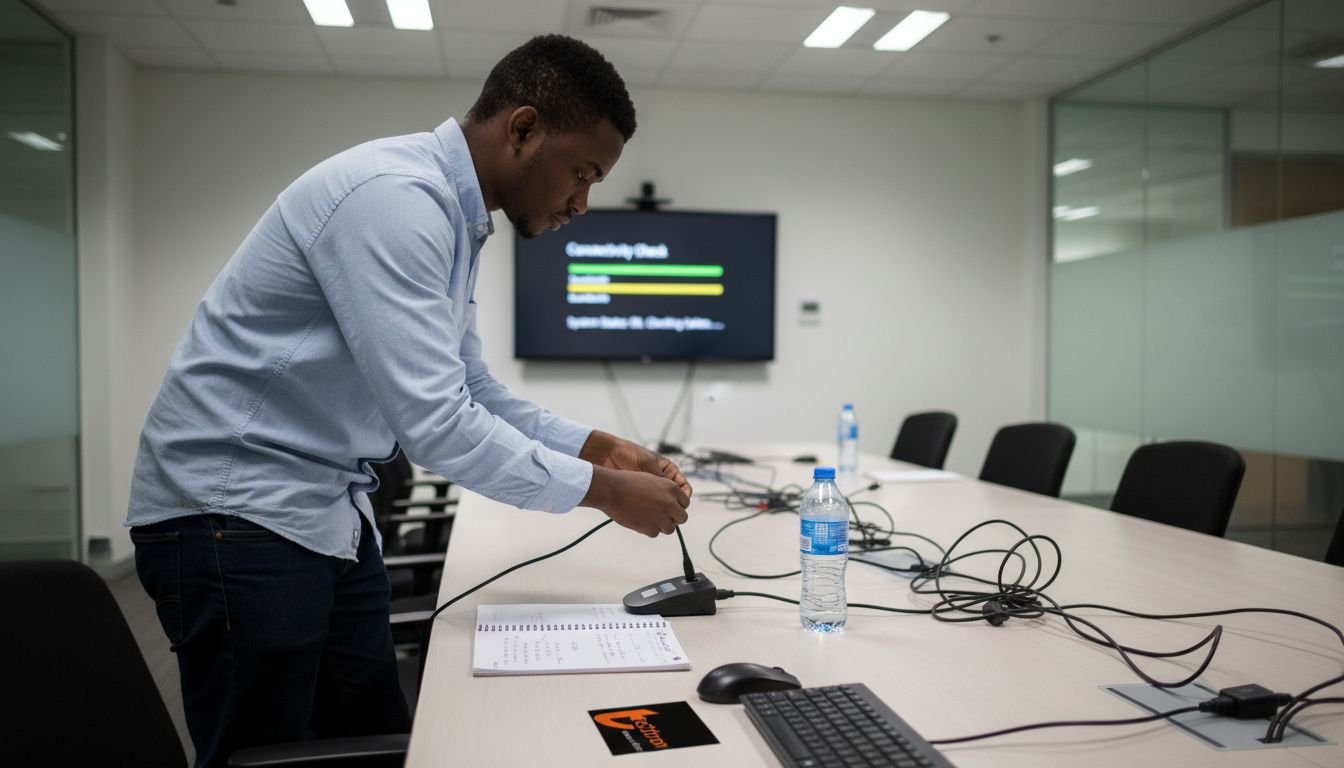 IT technician testing meeting equipment