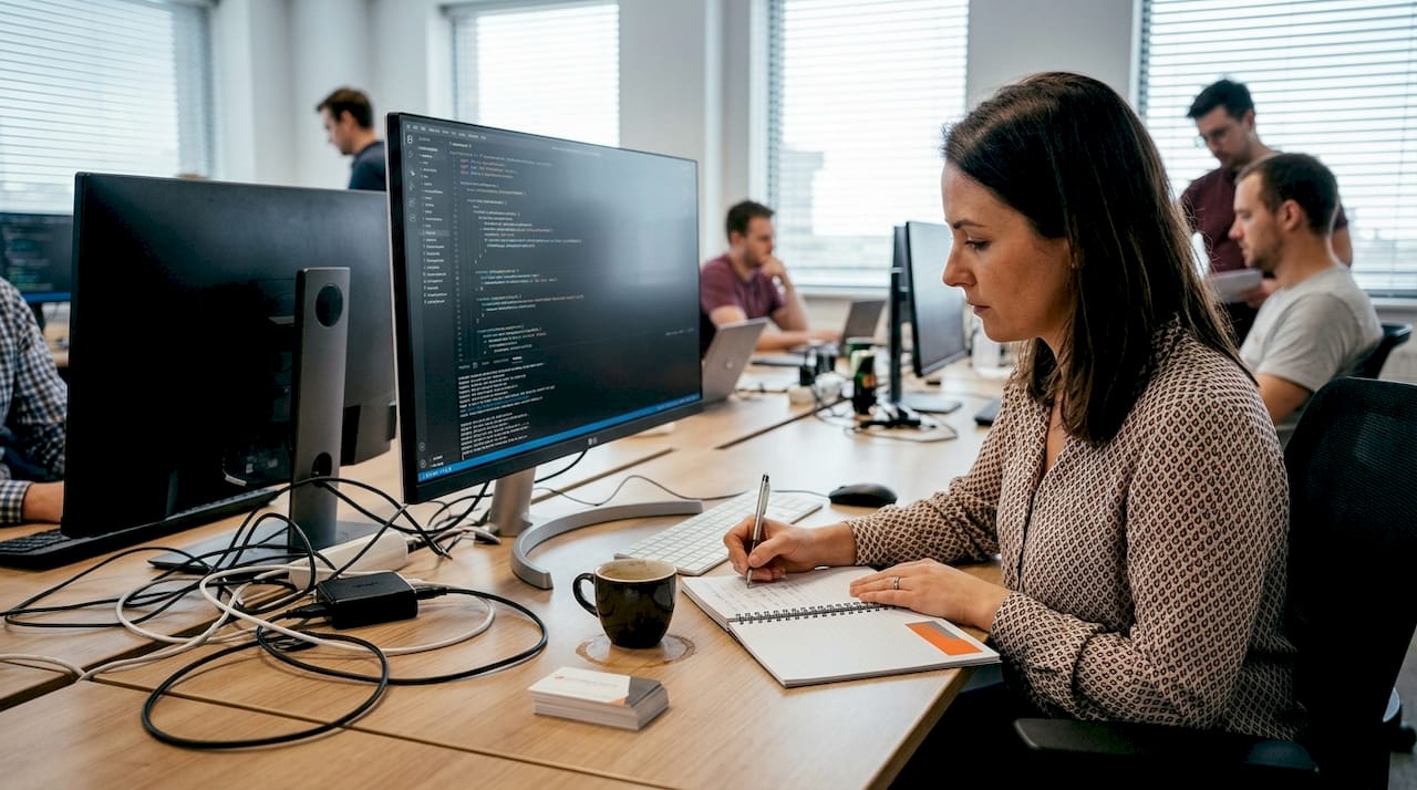 AI engineer coding in open office