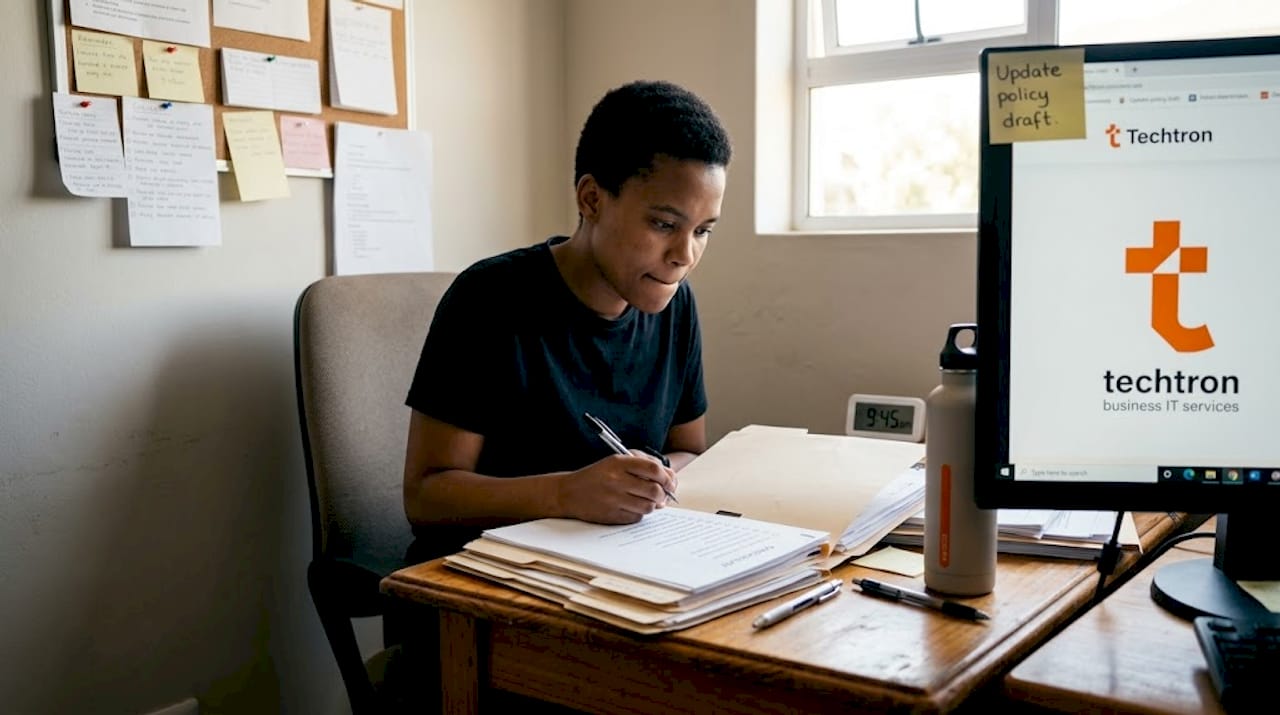 Employee updating policy checklist in home office