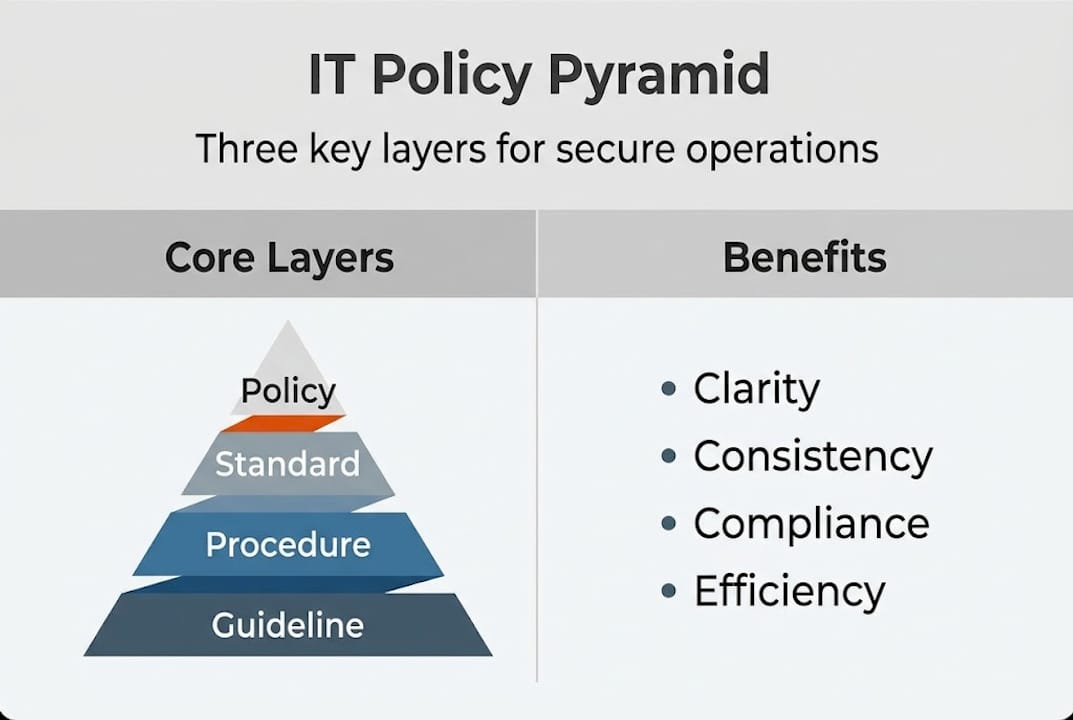 Infographic of IT policy pyramid layers and benefits