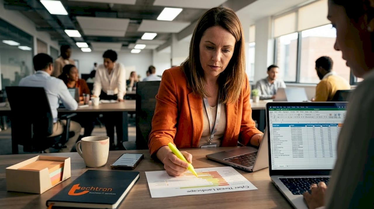 Staff member reviews cyber threat landscape chart