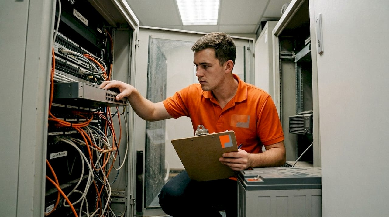 IT specialist troubleshooting network in server closet