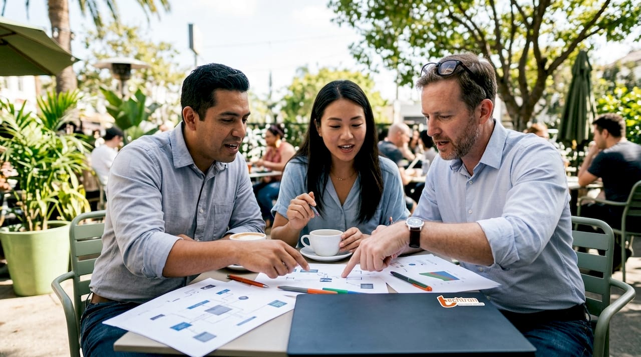 IT team discussing cybersecurity collaboration around table
