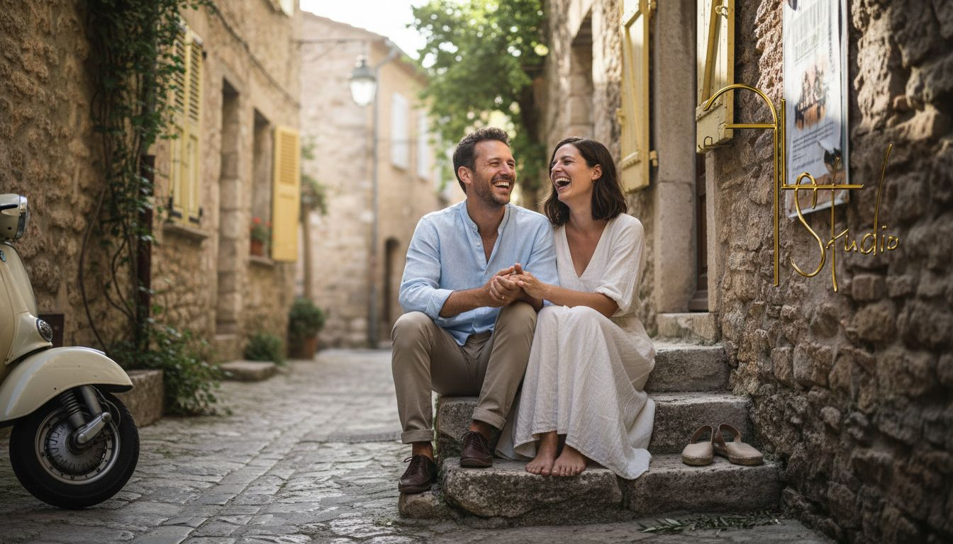 Un couple éclate de rire, assis sur les marches ensoleillées d’un village.