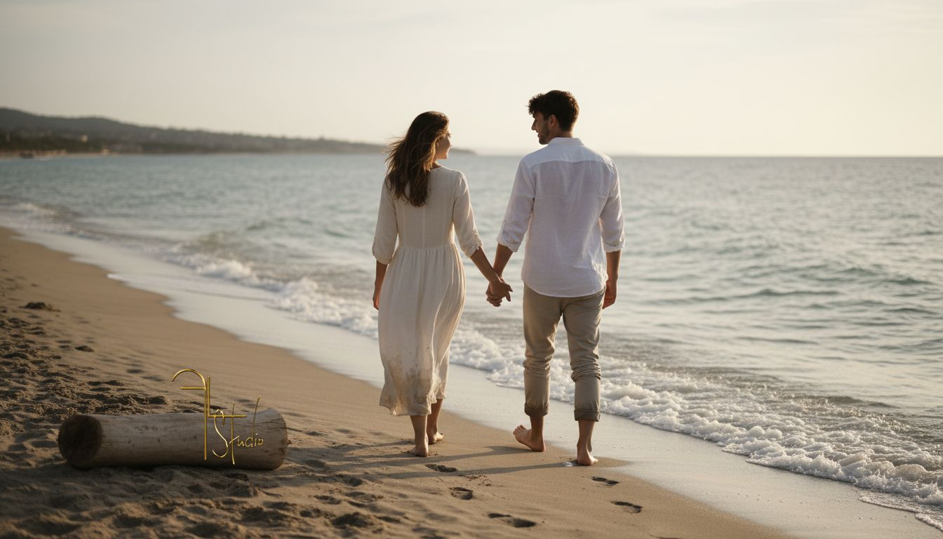 Un couple se promène tranquillement sur une plage paisible de la Côte d’Azur, profitant de l’atmosphère douce et du charme méditerranéen.