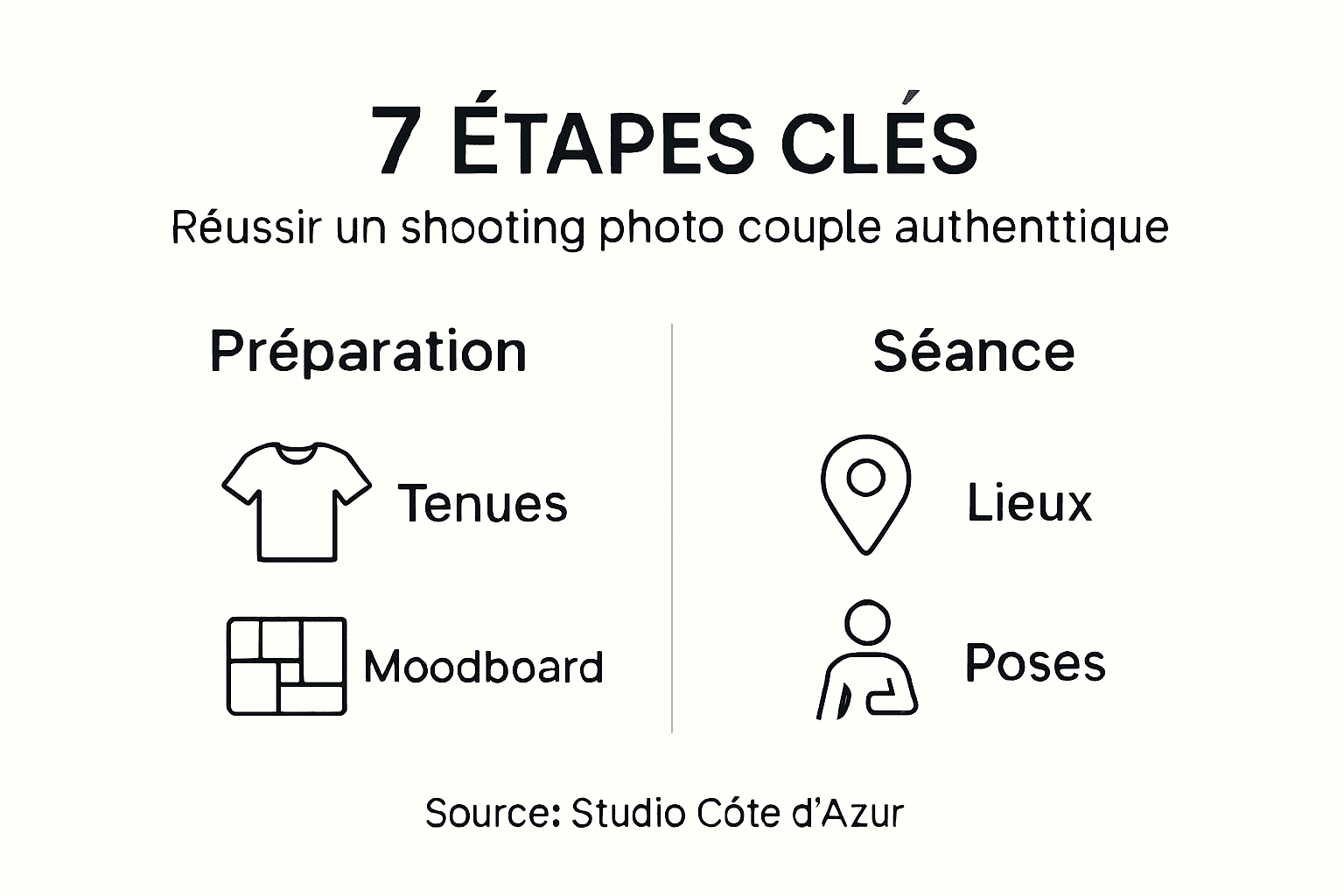 Les moments essentiels d'une séance photo couple en infographie