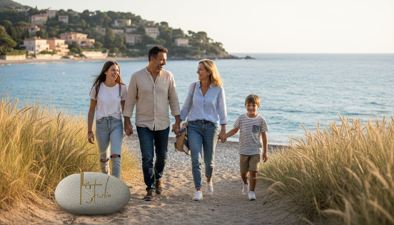 Une famille se promène le long d’un sentier en bord de mer sur la Côte d’Azur.