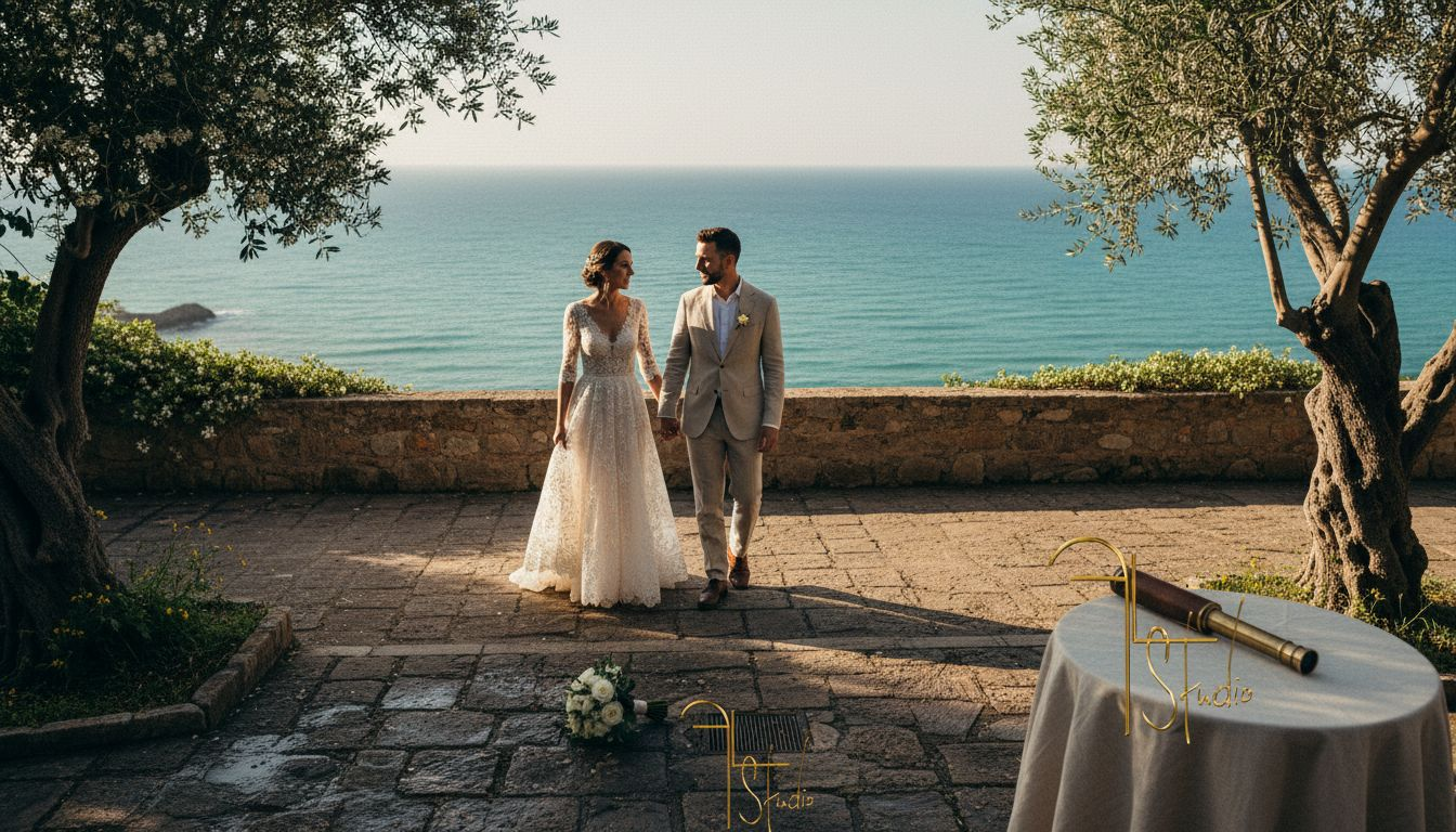Un mariage sur une terrasse de la Côte d’Azur, baigné par la lumière dorée du soleil couchant.