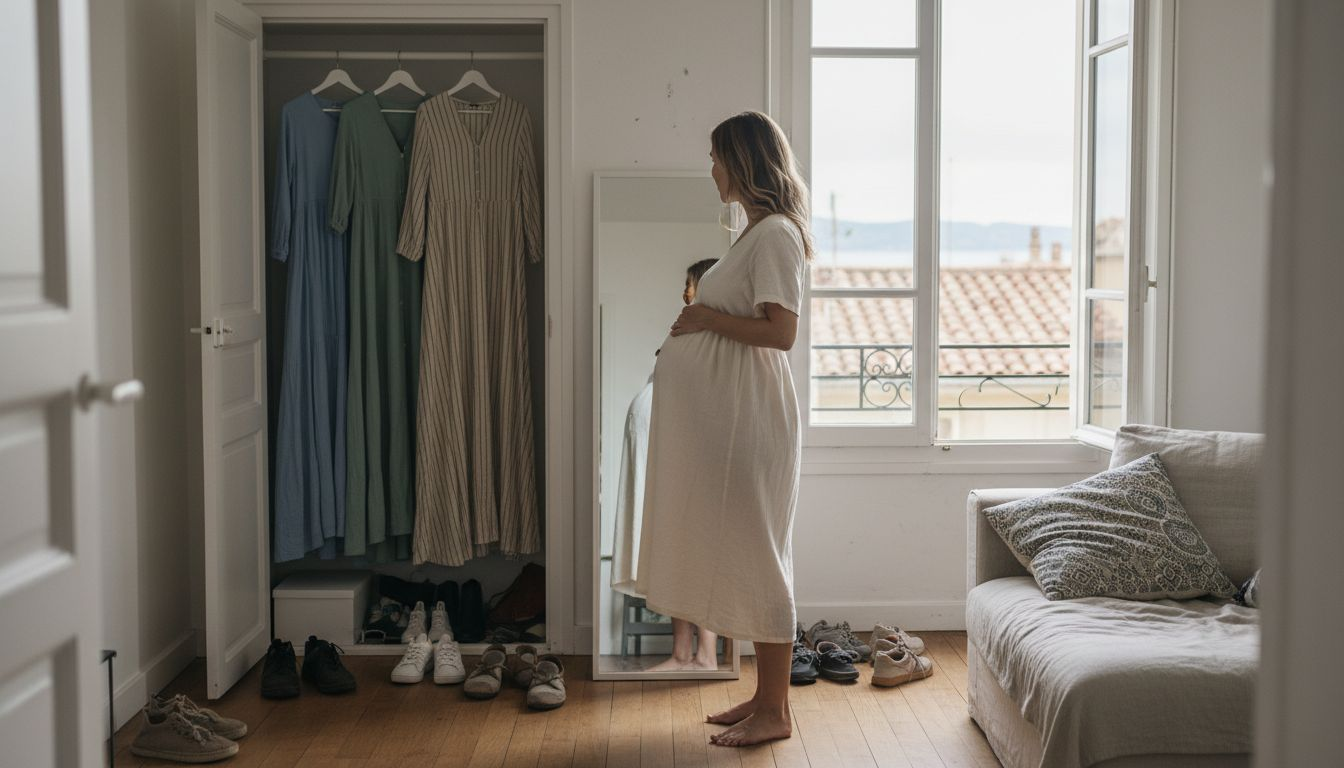 Future maman en train de choisir sa tenue pour une séance photo