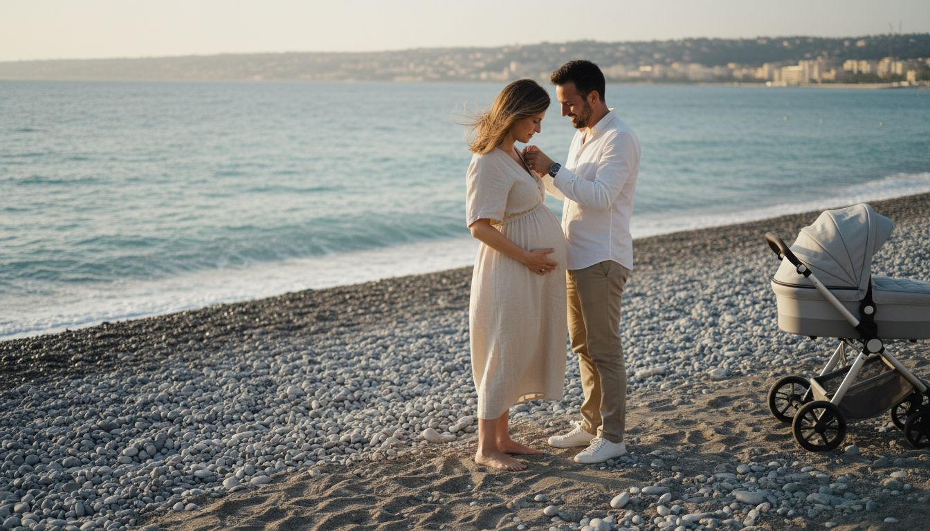 Séance photo de grossesse en amoureux sur la plage