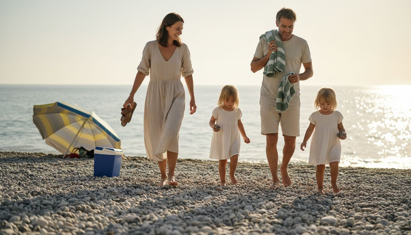 Une famille profite d’une journée ensoleillée sur une plage sauvage de la Côte d’Azur.