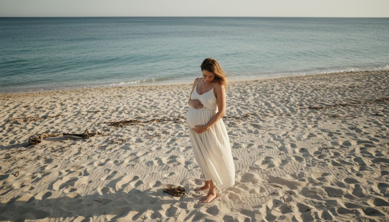 Une future maman profite du soleil sur une plage de la Côte d’Azur.