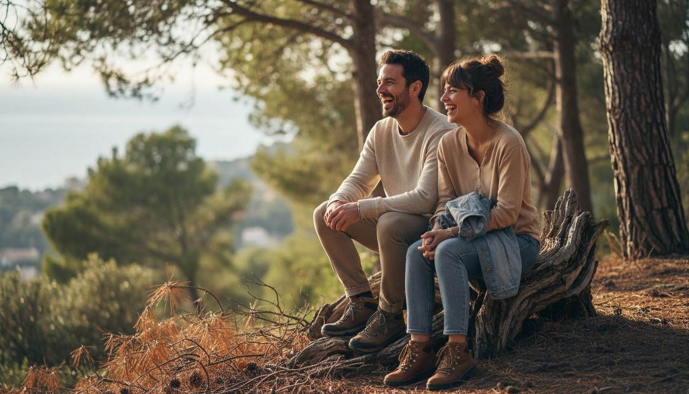 Un couple partage un moment de complicité en riant, confortablement installé au cœur de la forêt.