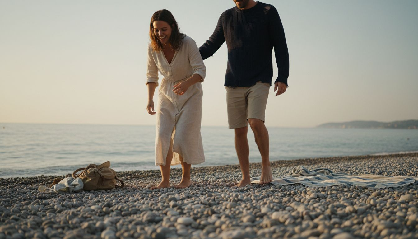 Un couple se promène main dans la main sur une plage de galets, baignée par la douce lumière dorée du soir.