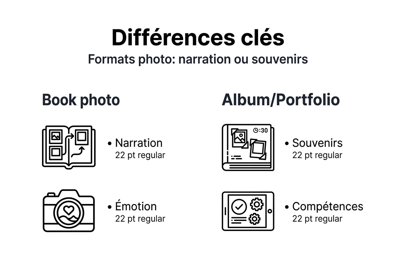 Infographie : comprendre les différences entre un book photo, un album et un portfolio