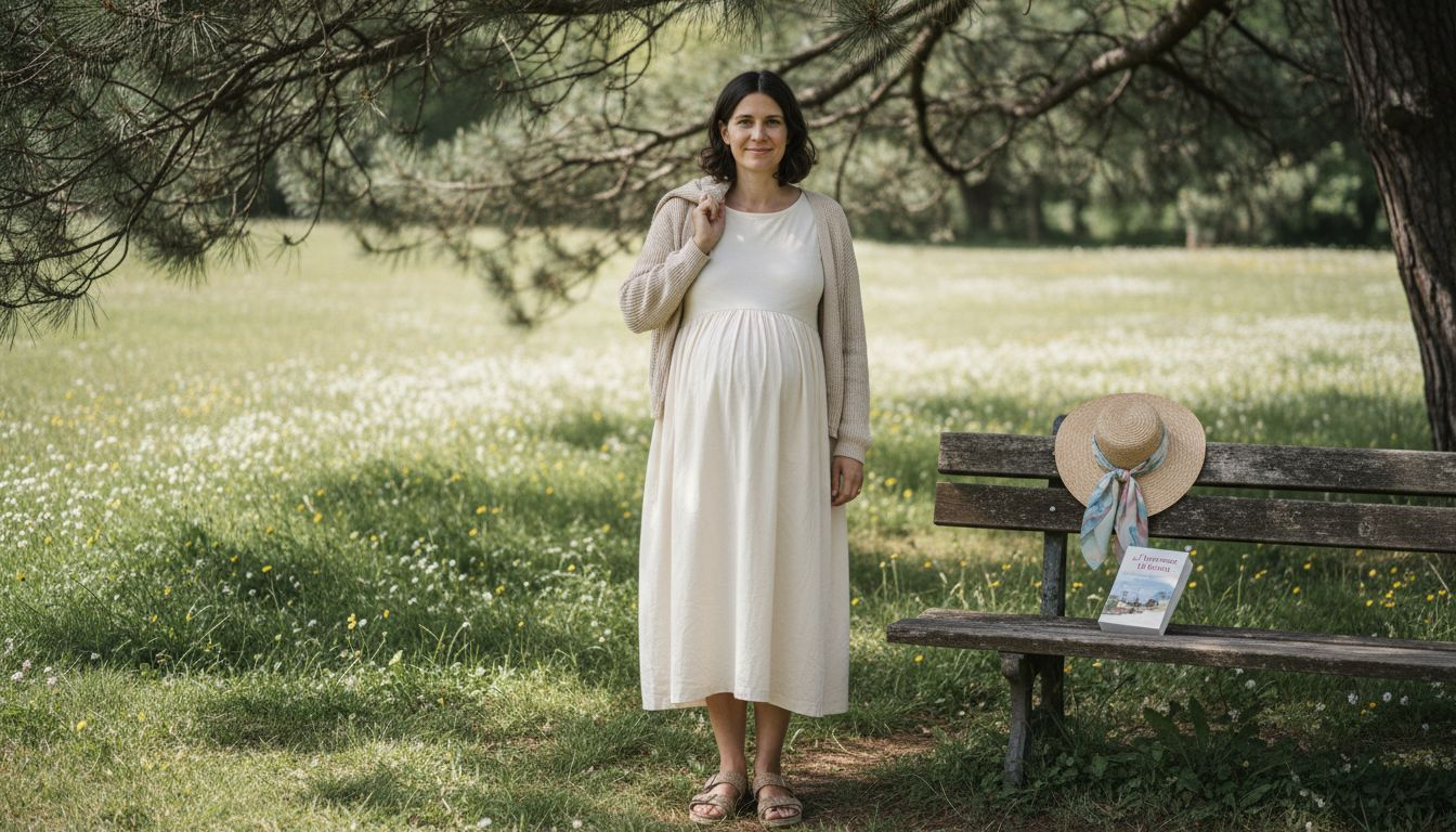 Une future maman rayonnante, vêtue de tons pastels doux, profite d’un moment paisible en plein air.
