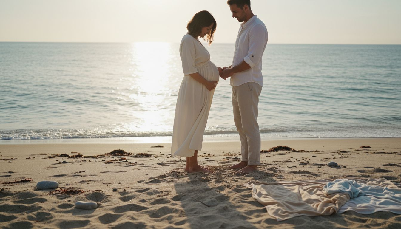Future parents profitant d’un doux moment sur la plage, immortalisant leur bonheur sous le soleil lors d’une séance photo grossesse.