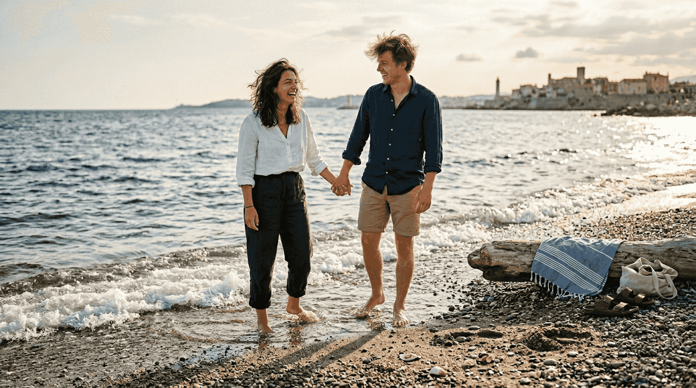 Un couple éclate de rire, assis sur le sable d’Antibes, alors que le soleil descend lentement derrière l’horizon.