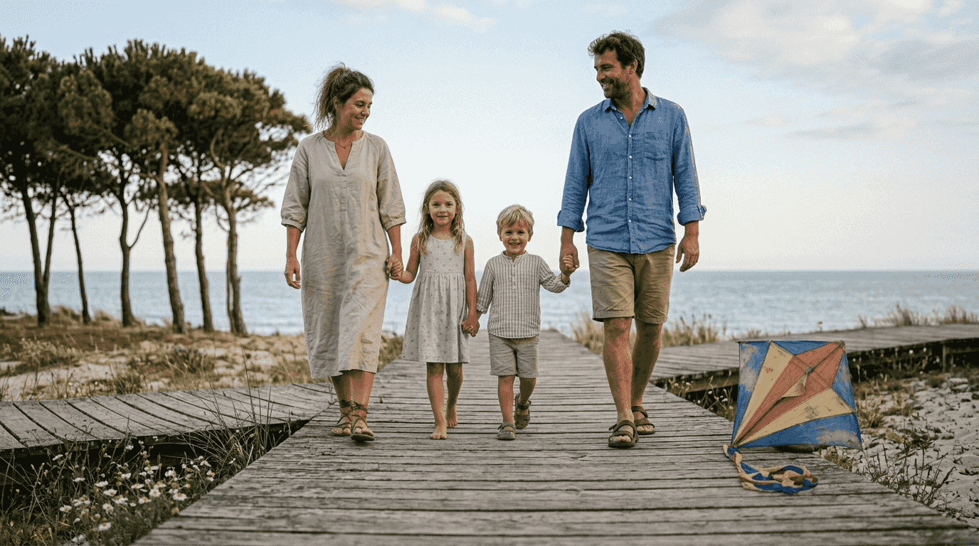 Des moments complices en famille immortalisés au bord de l’océan, dans une ambiance naturelle et décontractée.