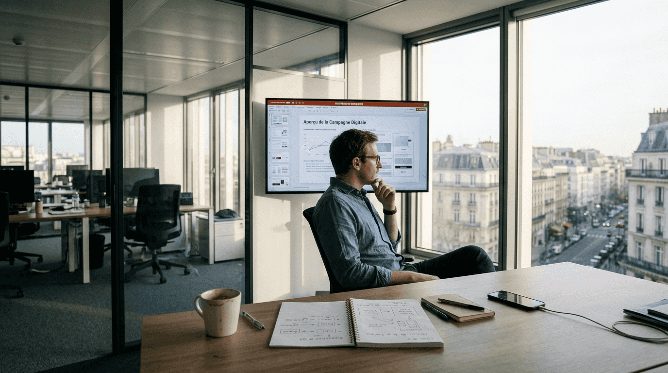 Au bureau, le chef de projet passe en revue les éléments visuels.