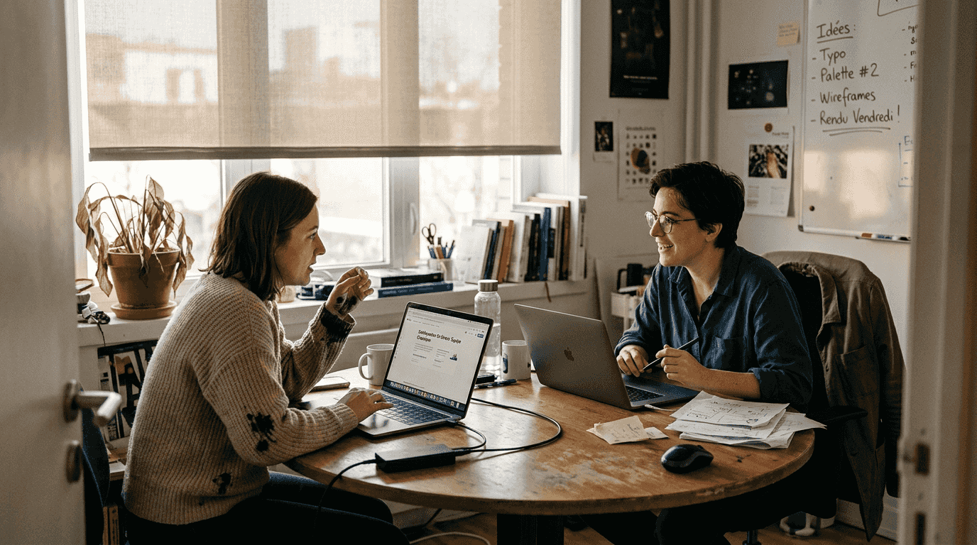 Les graphistes collaborent en réunion grâce à des outils cloud.