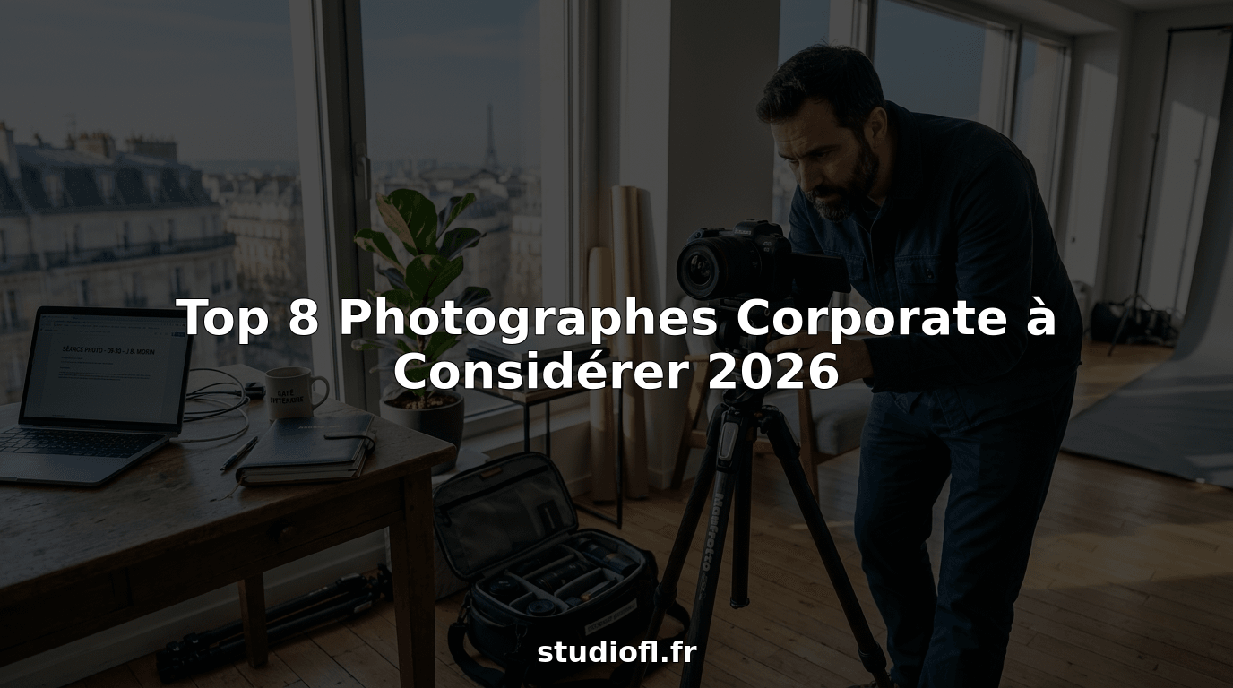 Un photographe professionnel installe son matériel dans un bureau baigné de lumière naturelle.