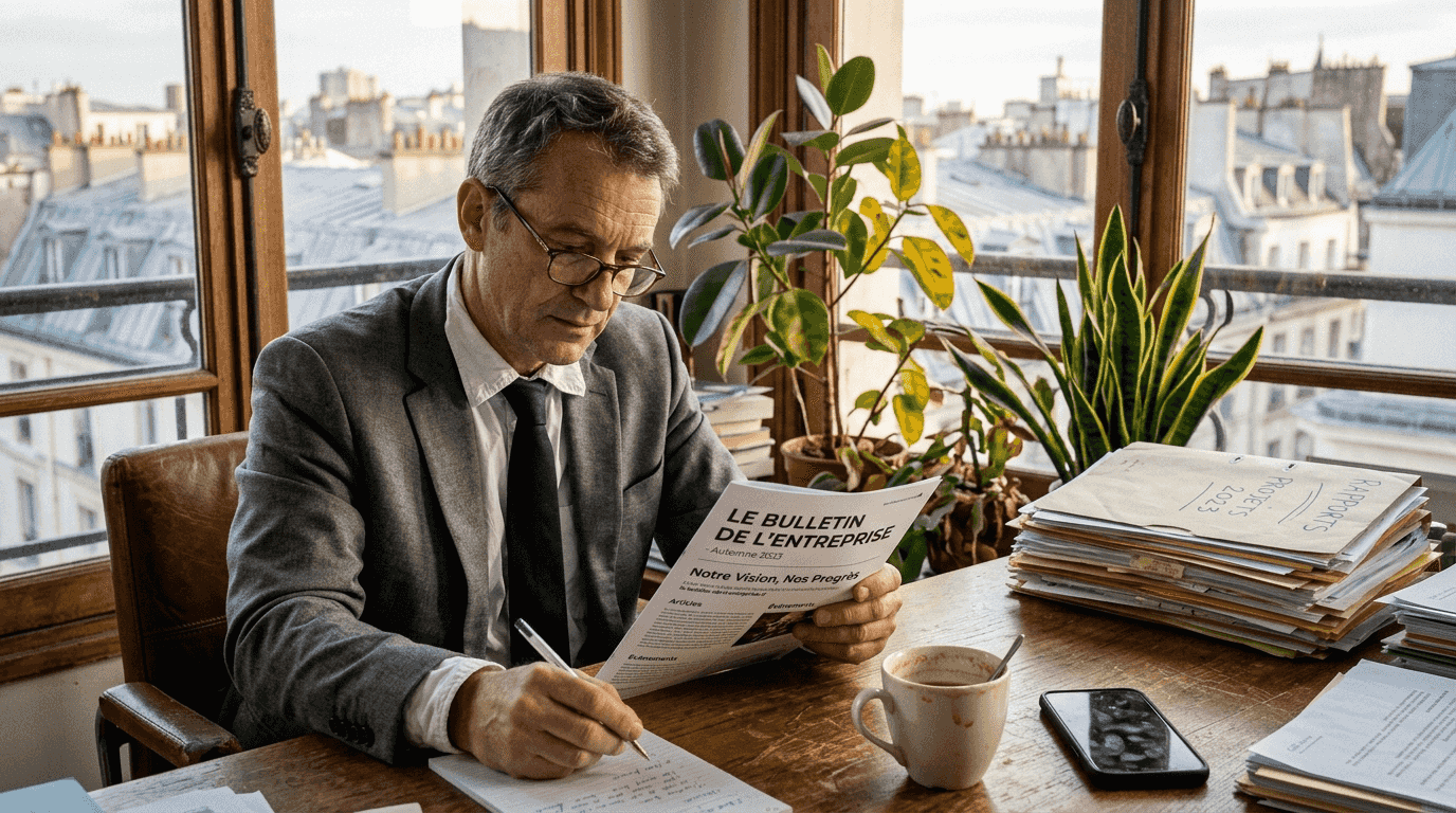 Un véritable manager, plongé dans sa lecture, installé dans un coin de son bureau.