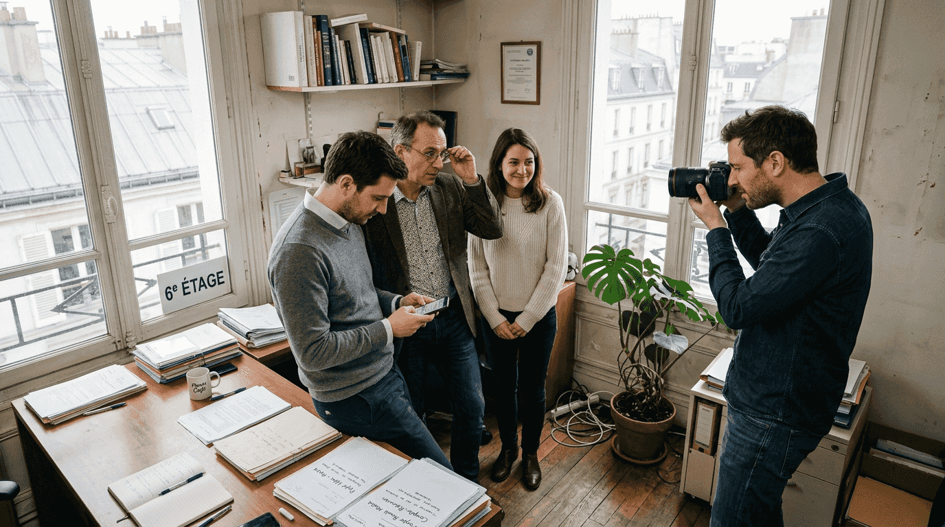 Un photographe immortalise une équipe en pleine activité au bureau.