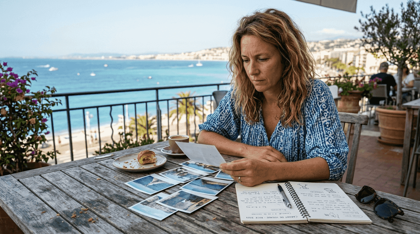 Un photographe passe en revue ses clichés sur la terrasse ensoleillée d’une villa de la Côte d’Azur.