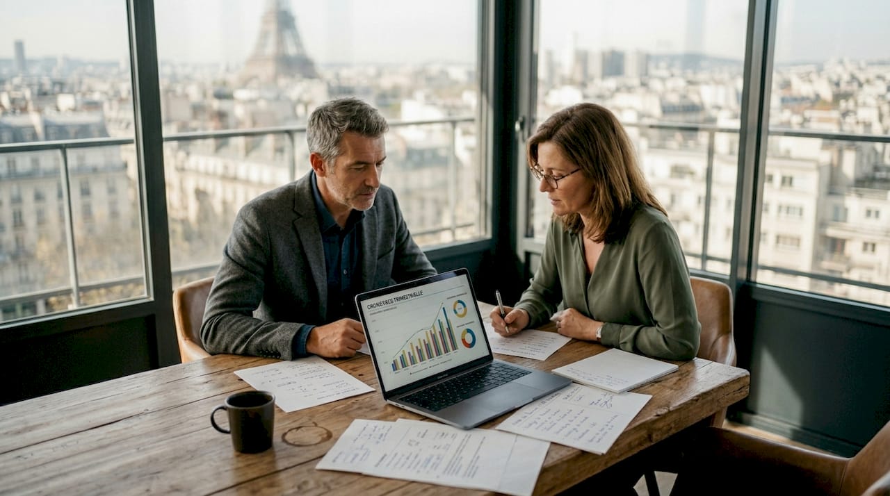 Des collaborateurs analysent ensemble des données marketing autour d’une table.