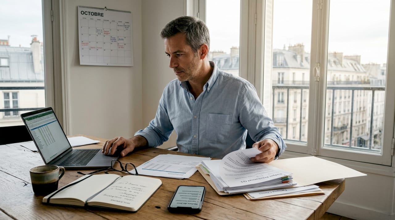 Un chef d’entreprise de PME travaille sur la préparation de son portfolio, installé à son bureau baigné de lumière.