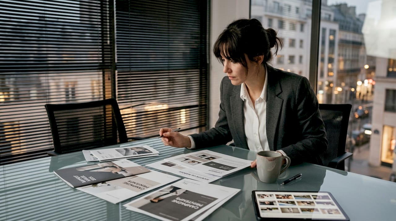 Une jeune femme examine attentivement des projets de son portfolio étalés sur la table.
