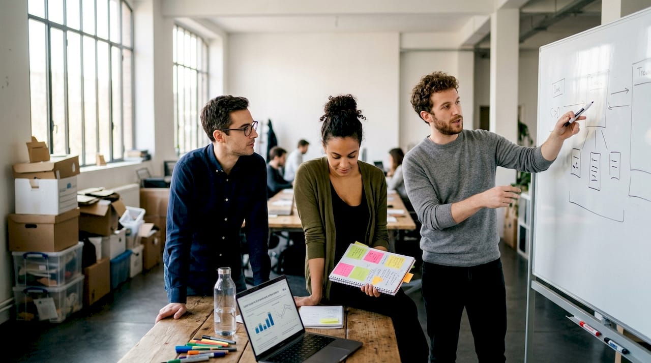 Des collègues échangent librement lors d'une réunion informelle au bureau, partageant leurs idées dans une ambiance conviviale.