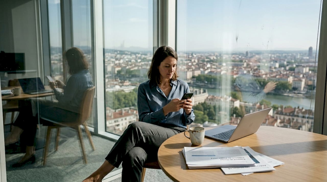 Une femme assise à son bureau consulte son téléphone portable.